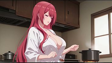 Anak Tiri Pulang Lebih Awal, Lihat Istri Bapak Masak Cuma Pakai Jubah Tipis. Kureha Enomoto Cosplay Hentai (ai-generated)